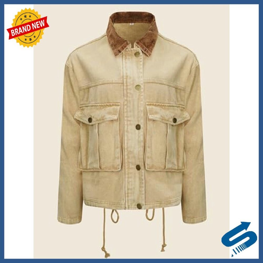 Cropped Button Down Jacket with Corduroy Lapel Pockets Long Sleeve - Picture 4 of 8